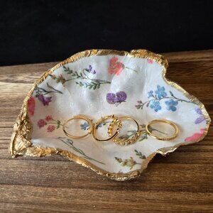 Large Oyster Shell trinket dish White with flowers and butterfly 3x5"